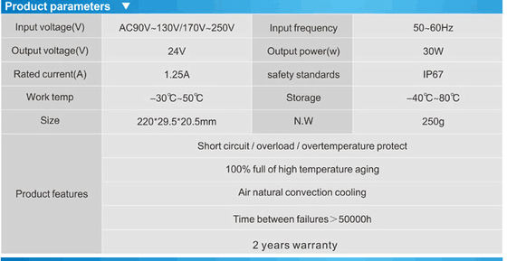 کیفیت بالا 24v 30w ضد آب IP67 منبع برق LED راننده LED برای فروش