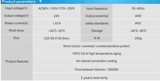 24v 40w چراغ ال ای دی منبع برق ضد آب IP67 50 ~ 60Hz